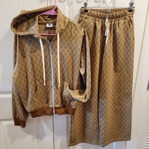 Brown Monogram Hoodie And Pants Jogger Trucksuits Set
